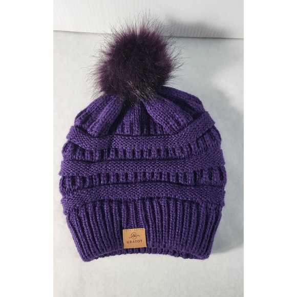 URATOT Purple Knit Beanie Hat Winter Warm Knit Cuffed Pom Pom Cap - Picture 3 of 5